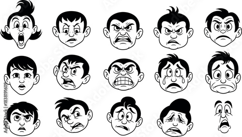 Collection of vintage cartoon faces showing a variety of exaggerated human emotions