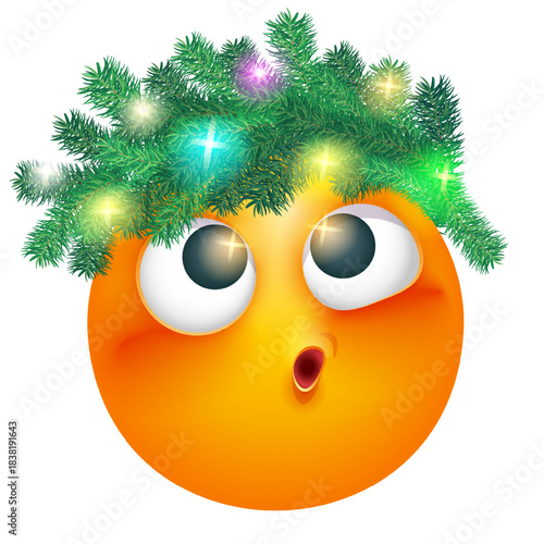 Christmas emoji with garland and Christmas tree on white background. Happy New Year. Smiling yellow blushed face. Cute emoticon