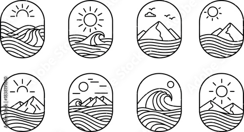 Minimalist line art set of oval shaped landscape scenes with sun waves and mountains
