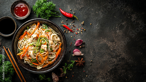 asian food cooking wok with noodles chicken