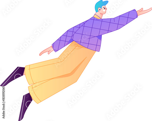 Vector flat gradient illustration of a character flying and hovering.
