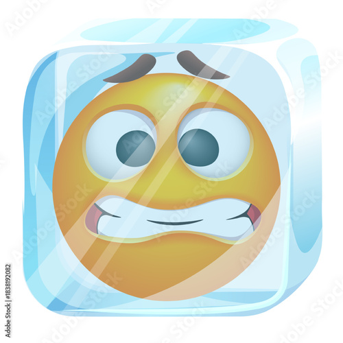 Frozen emoji inside a transparent ice cube. Funny winter mood emoticon on white background.