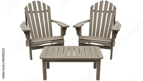 Isolated gray wooden outdoor patio furniture set chairs and table for garden lounge