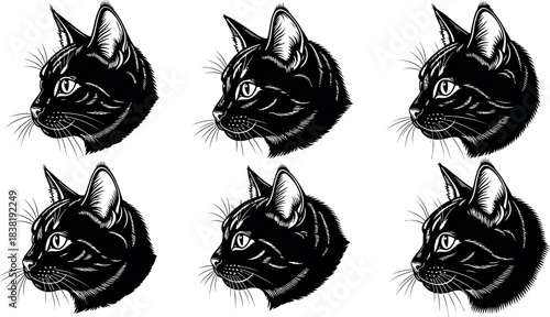 Repeating pattern of black cat heads in a vintage etched illustration style