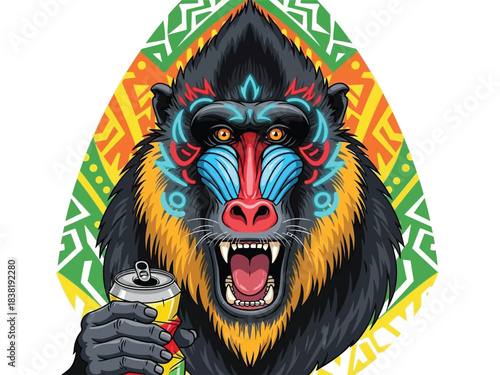 A close-up illustration of a mandrill monkey holding a spray paint can with a colorful tribal pattern in the background.