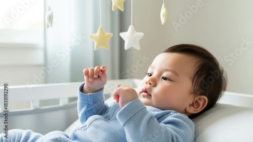 Baby reaching for hanging mobile, early development and sensory exploration in nursery