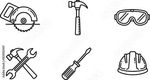 Hand drawn construction tools set including hammer wrench screwdriver and safety equipment