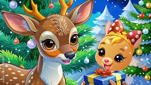 Very beautiful close-up winter portrait of a gentle deer fawn standing by Santa as he places a small gift near a decorated Christmas tree, soft snow drifting around them.