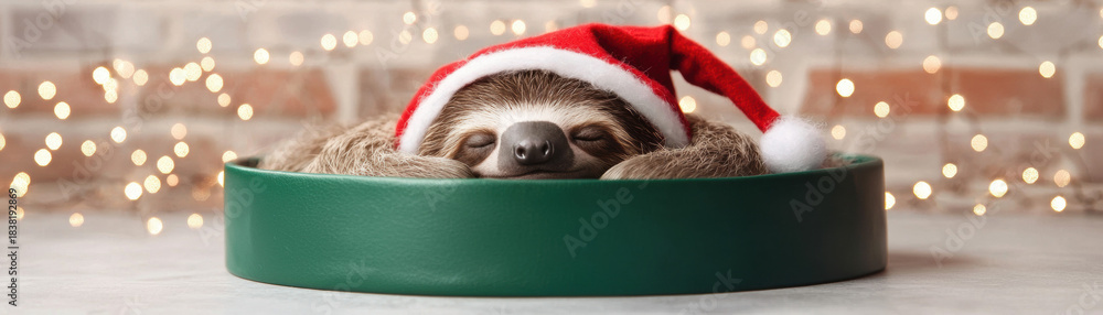 Fototapeta premium Christmas sloth wearing red Santa hat sleeping in green tray with festive lights and brick wall background creating cozy holiday mood