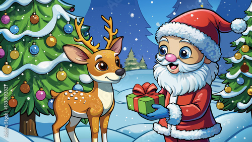 Very beautiful close-up winter portrait of a gentle deer fawn standing by Santa as he places a small gift near a decorated Christmas tree, soft snow drifting around them.