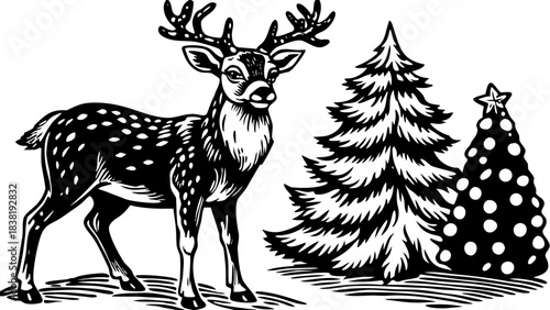 Very beautiful close-up winter portrait of a gentle deer fawn standing by Santa as he places a small gift near a decorated Christmas tree, soft snow drifting around them.