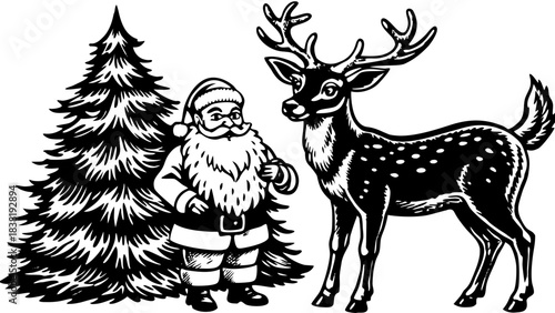 Very beautiful close-up winter portrait of a gentle deer fawn standing by Santa as he places a small gift near a decorated Christmas tree, soft snow drifting around them.