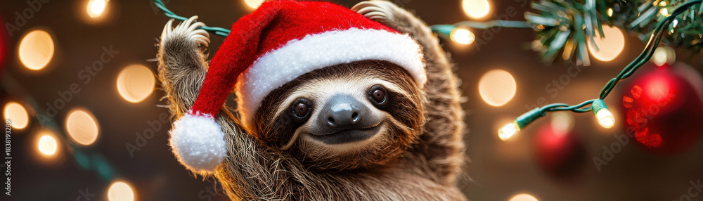 Fototapeta premium Sloth wearing red christmas hat smiles joyfully with festive lights and ornament background creating warm holiday atmosphere