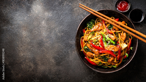 asian food cooking wok with noodles chicken