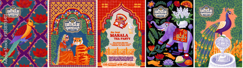 Indian Mughal poster featuring peacock, tiger, elephant, fountain, floral pattern, arche, woman from India and traditional elements. Folk art style for event, branding, background and invitation