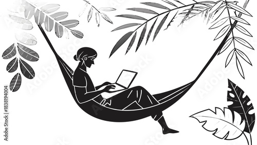 Person Working in Hammock Silhouette Illustration, A black and white silhouette illustration of a person relaxing in a hammock and working on a laptop, framed by tropical leaves.