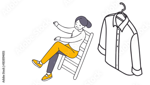 Isometric Woman Stretching on Chair Illustration with Shirt, An isometric line art illustration of a woman stretching her body while sitting on a chair, with a shirt hanging on a hanger beside her,