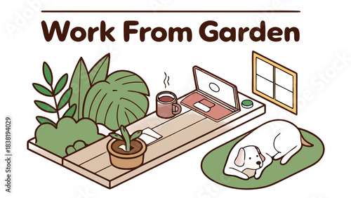 Isometric "Work From Garden" Scene with Laptop and Dog, An isometric illustration of a cozy outdoor workspace in a garden, featuring a wooden bench with a laptop and coffee, surrounded by plants