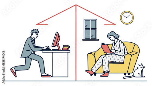 Work vs. Relax Split Screen Illustration Concept, A split-screen cartoon illustration contrasting a busy man in a suit working in an office with a relaxed woman in pajamas using a laptop on a sofa wit