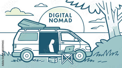 Digital Nomad Camper Van Line Art Illustration in Nature, A line art illustration in blue and green tones showing a digital nomad's camper van parked in nature, with a silhouette of a person inside