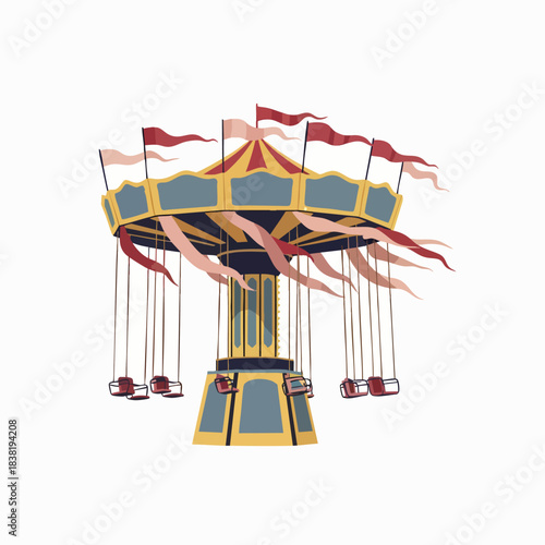 A vibrant, classic carousel swing ride, adorned with festive pennants, stands ready for joyful amusement park visitors seeking thrilling experiences and nostalgic fun.