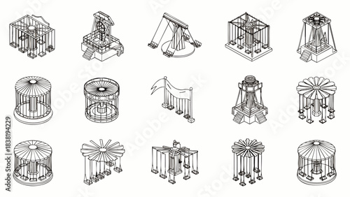 Collection of isometric line drawings of amusement park rides and attractions, presented in a clean vector style.