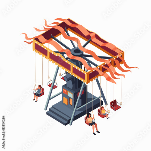 Whimsical amusement park swing ride transports visitors through the air with thrilling motion and vibrant colors.