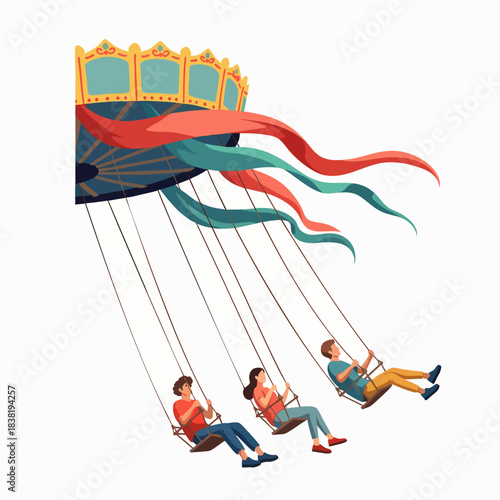 Children enjoy a thrilling ride on a colorful amusement park swing carousel, experiencing joy and excitement on a bright day.