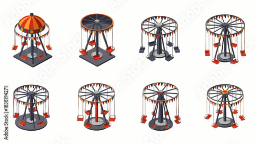Collection of isometric carousel amusement rides with swinging chairs and colorful canopies, isolated on white background.