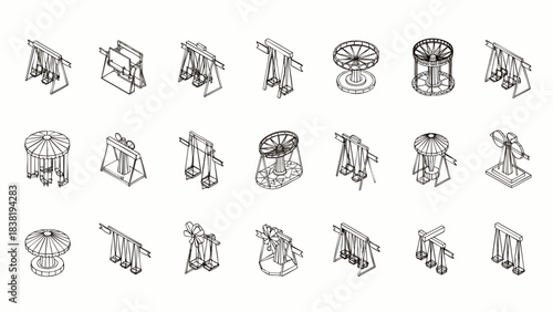 Collection of isometric line drawings representing diverse industrial machinery and mechanical equipment in a clean layout.