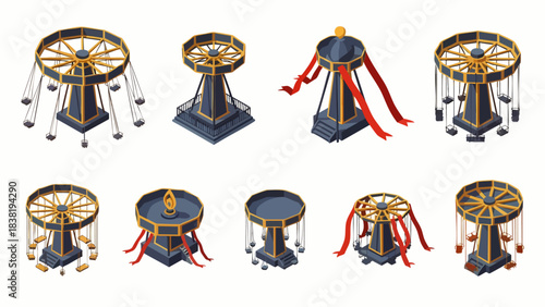 Collection of isometric swing carousel amusement park rides with decorative red ribbons and golden accents.