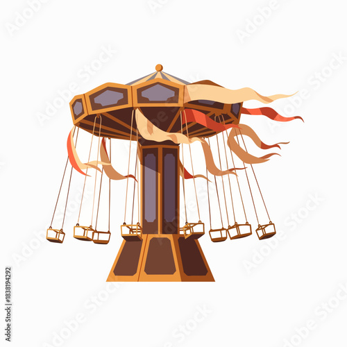 Vintage swing carousel ride with colorful ribbons blowing in the wind at an amusement park.