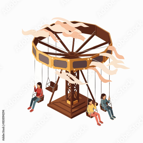 Children enjoy a thrilling ride on a vintage swing carousel at a vibrant amusement park, creating joyful memories and excitement.