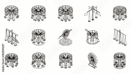 Collection of isometric line art illustrations of amusement park rides and attractions, showcasing various carnival equipment.