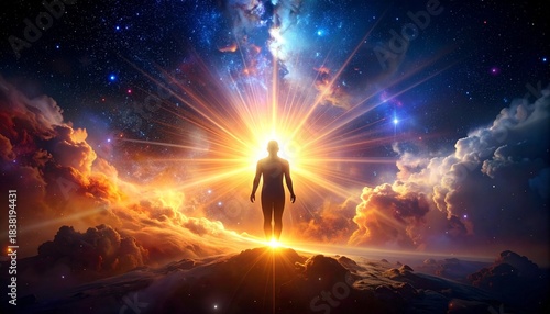 Radiant human silhouette with cosmic chest light against starry nebula background