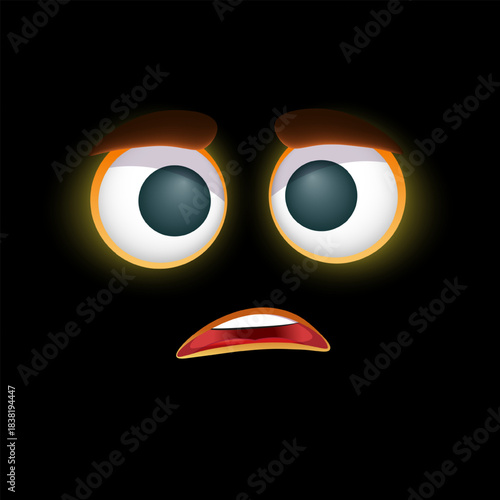 Emoji face appears in the darkness, with glowing eyes. Funny emoticon on black background