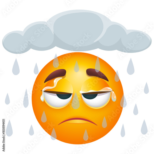 Sad emoji stands under a gray raincloud, looking exhausted and gloomy. Funny emoticon on white background