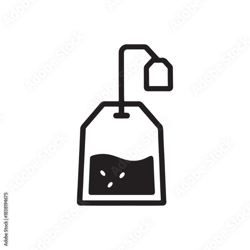  Minimal Tea Bag Silhouette Icon with Tag on White Background