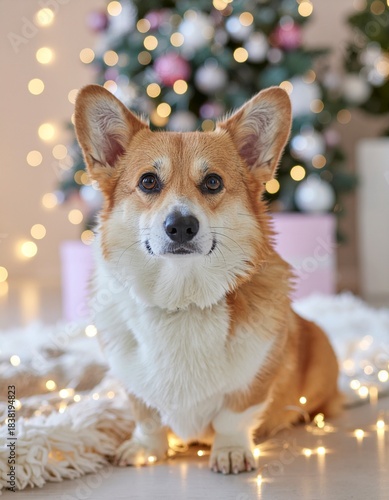 Festive Corgi's Holiday Cheer: A charming Corgi dog, bathed in the soft glow of festive lights and ornaments, sits joyfully beneath a decorated tree, embodying the spirit of the season. 