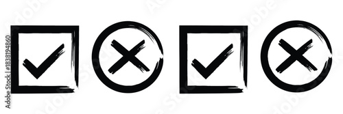 Brush, marker drawn check mark and cross icon set Collection of hand drawn drawn tick symbol, chalk checkmark illustration. Check mark grunge icon set. Hand drawn check tick mark icon set. x marks