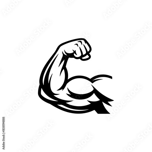 A strong black and white vector logo of a flexing bicep and clenched fist, symbolizing strength, fitness, power, and muscle growth.
