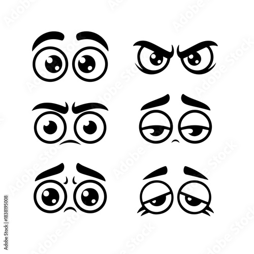 A set of six black and white cartoon eye expressions (happy, angry, sad, tired), ideal for animating characters, expressing emotion, or graphic design elements.