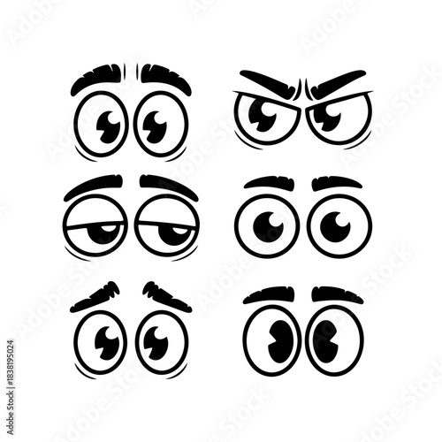 A set of six black and white cartoon eye expressions (happy, angry, sad, tired), ideal for animating characters, expressing emotion, or graphic design elements.