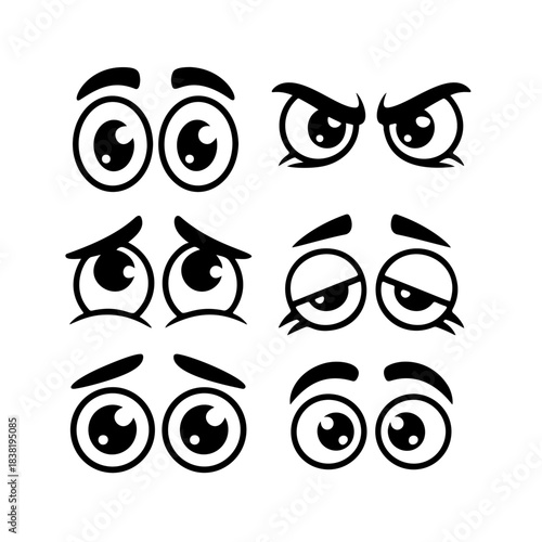 A set of six black and white cartoon eye expressions (happy, angry, sad, tired), ideal for animating characters, expressing emotion, or graphic design elements.