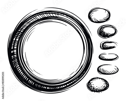 Bold hand drawn oval frame and small sketched pebble shapes in black ink for graphic design projects and organic branding elements