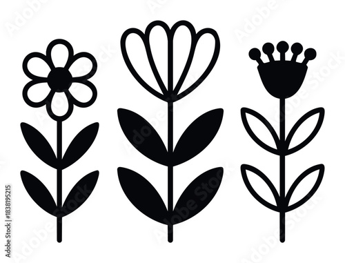 Simple black and white stylized flora graphics with three distinct flower shapes and leafy stems, perfect for graphic design projects, printing, or decorative applications.