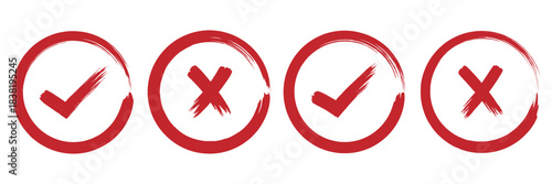 Tick and cross mark grunge brush painted vector symbols. Green checkmark and red X icon. Hand drawn doodle sketch style. Yes and no button for approval and rejection