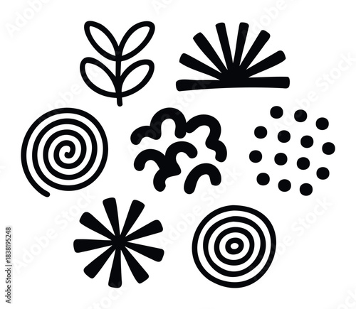Collection of abstract organic shapes and floral elements in black on white, perfect for modern graphic design, textures, and web usage