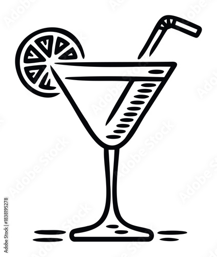 Bold black line drawing of a martini glass with a lemon slice and straw, perfect for beverage advertising and summer party themes