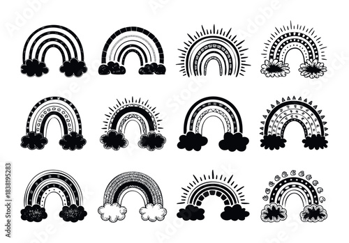 Collection of hand drawn black rainbows with clouds and sunbursts, ideal for graphic design projects and decorative purposes